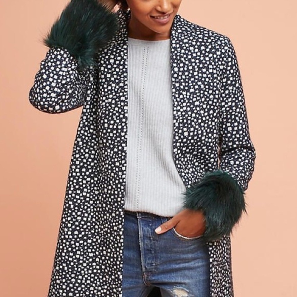Anthropologie Black and White Coat with Green Fur Accents